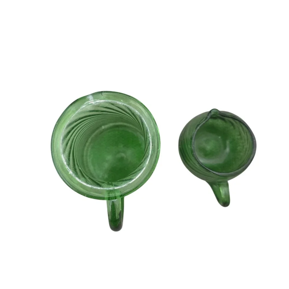 Vintage Hand Blown Green Swirl Art Glass Pitcher & Creamer Set Applied Handles
